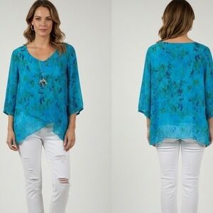 Vintage Click by Color Me Cotton CuproRayon Abstract Top Blouse XL Blue Green